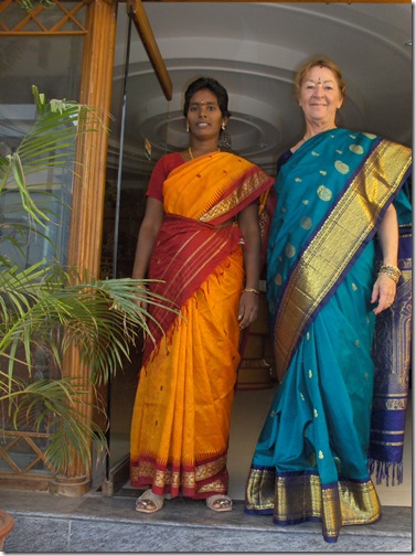 Carol and Rajan's wife Janaki dressed in their silk wedding sarees 