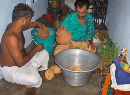 Preparing items for puja at village